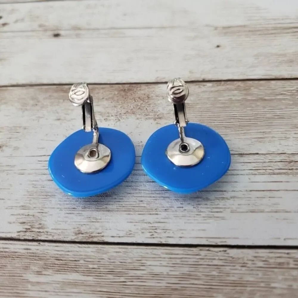 Vintage Clip On Earrings - Blue Domed Circle with Pushed In Sides
